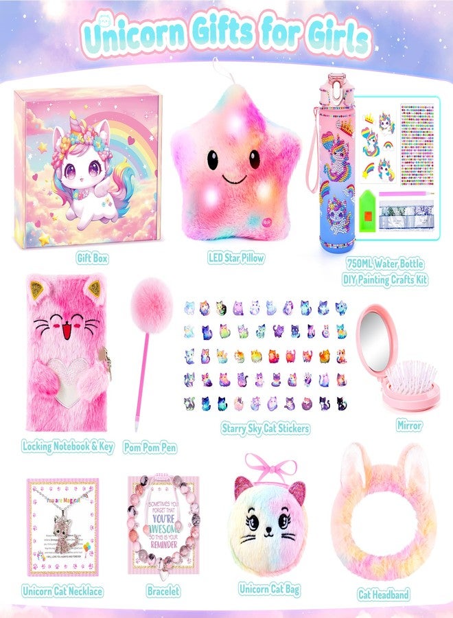 Auspicious beginning 13PCS Unicorn Cat Toys Gifts for Girls 4-6 7 8 9 10 Years Old, Girls Birthday Gifts Set with Light Up Star Pillow DIY Water Bottle Kits, for Daughter Niece Christmas Birthday Baskets for Kids - Image 2